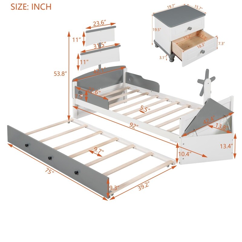 3Pcs Boat Shaped Platform Bed with Trundle and 2 Nightstands