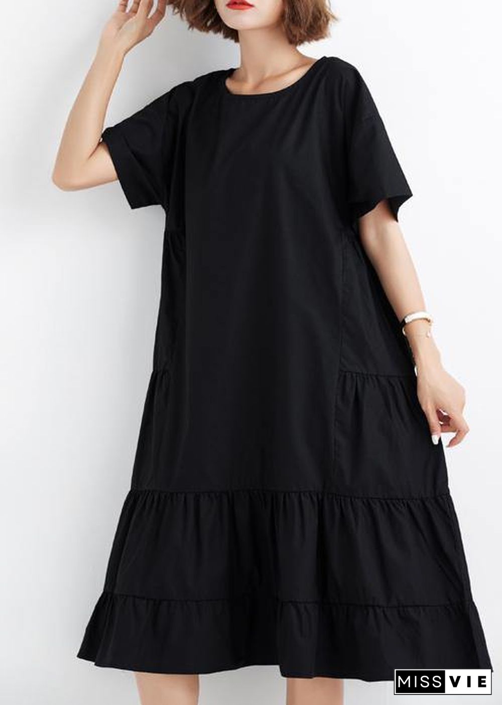 Women black ruffles cotton Wardrobes short sleeve cotton Dresses