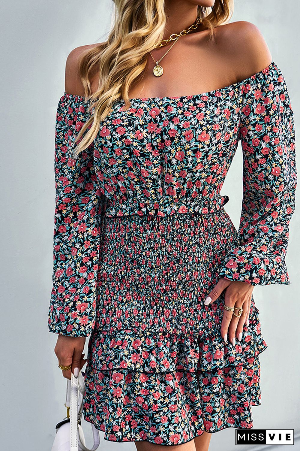 Off Shoulder Smocked Ruffle Floral Dress