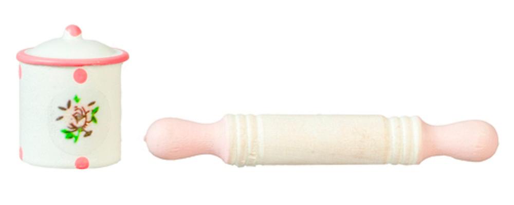 Dolls House Pink Rolling Pin And Cannister Miniature Baking Kitchen Accessory