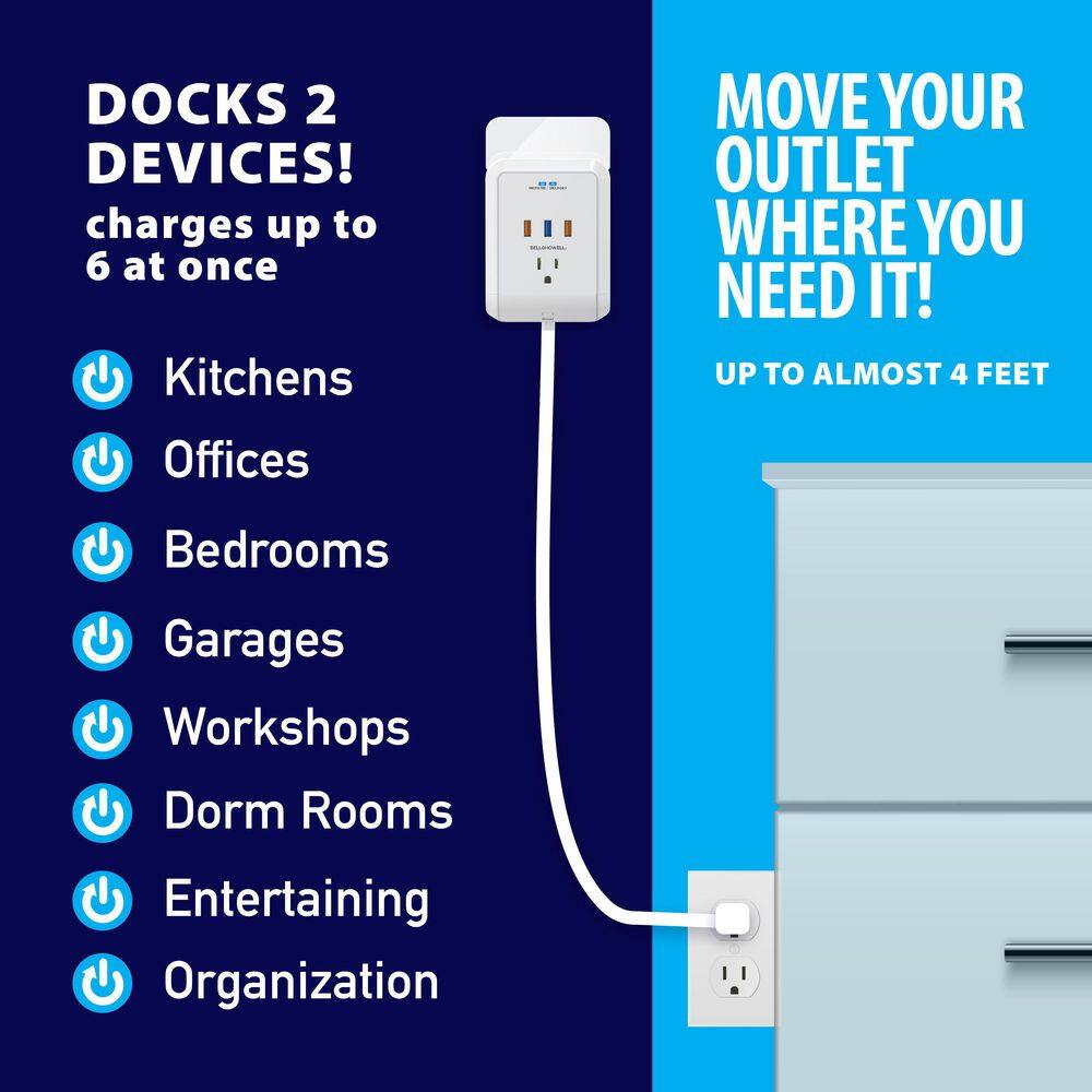 Bell + Howell 3-Outlet Power Pro Wall Outlet Surge Protector with 3 USB Ports and Extension Cord 7781