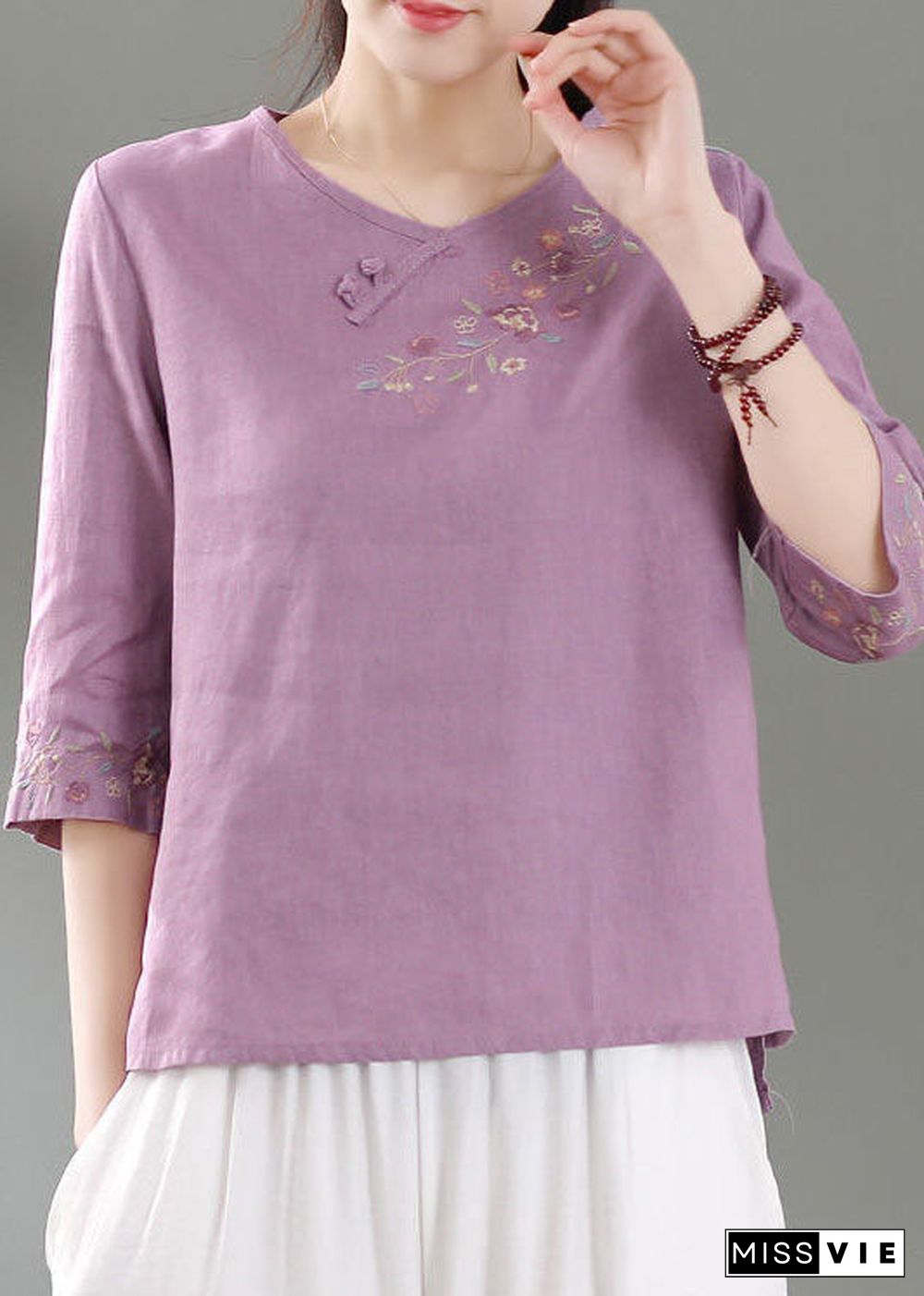 Purple Patchwork Linen Shirt Top O-Neck Embroideried Three Quarter sleeve