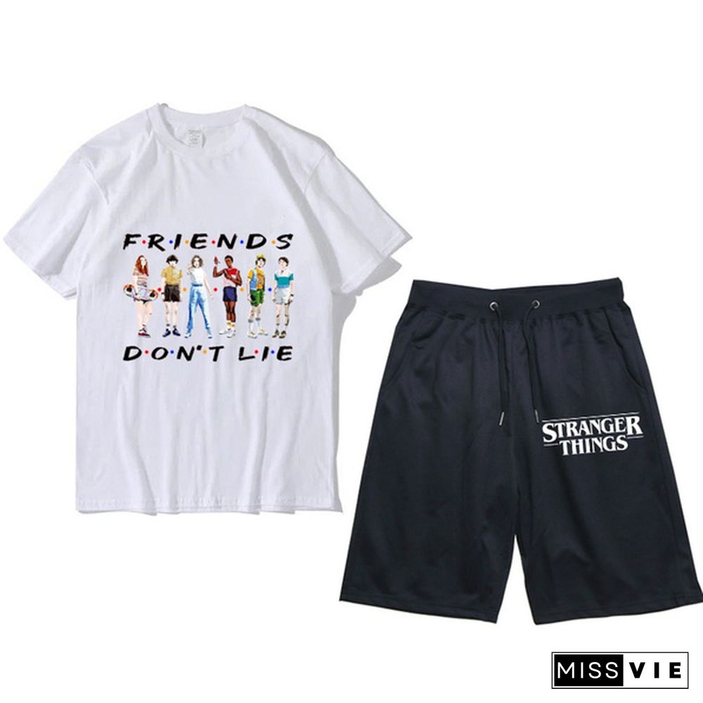 Summer Fashion Stranger Things T-Shirt + Short Pants Suit Unisex Casual Crew Neck Short Sleeve Drawstring Shorts Set