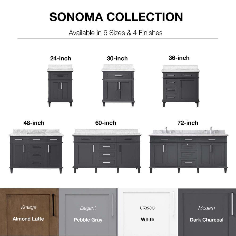 Home Decorators Collection Sonoma 72 in W x 221 in D x 343 in H Freestanding Bath Vanity in Dark Charcoal with Carrara Marble Marble Top