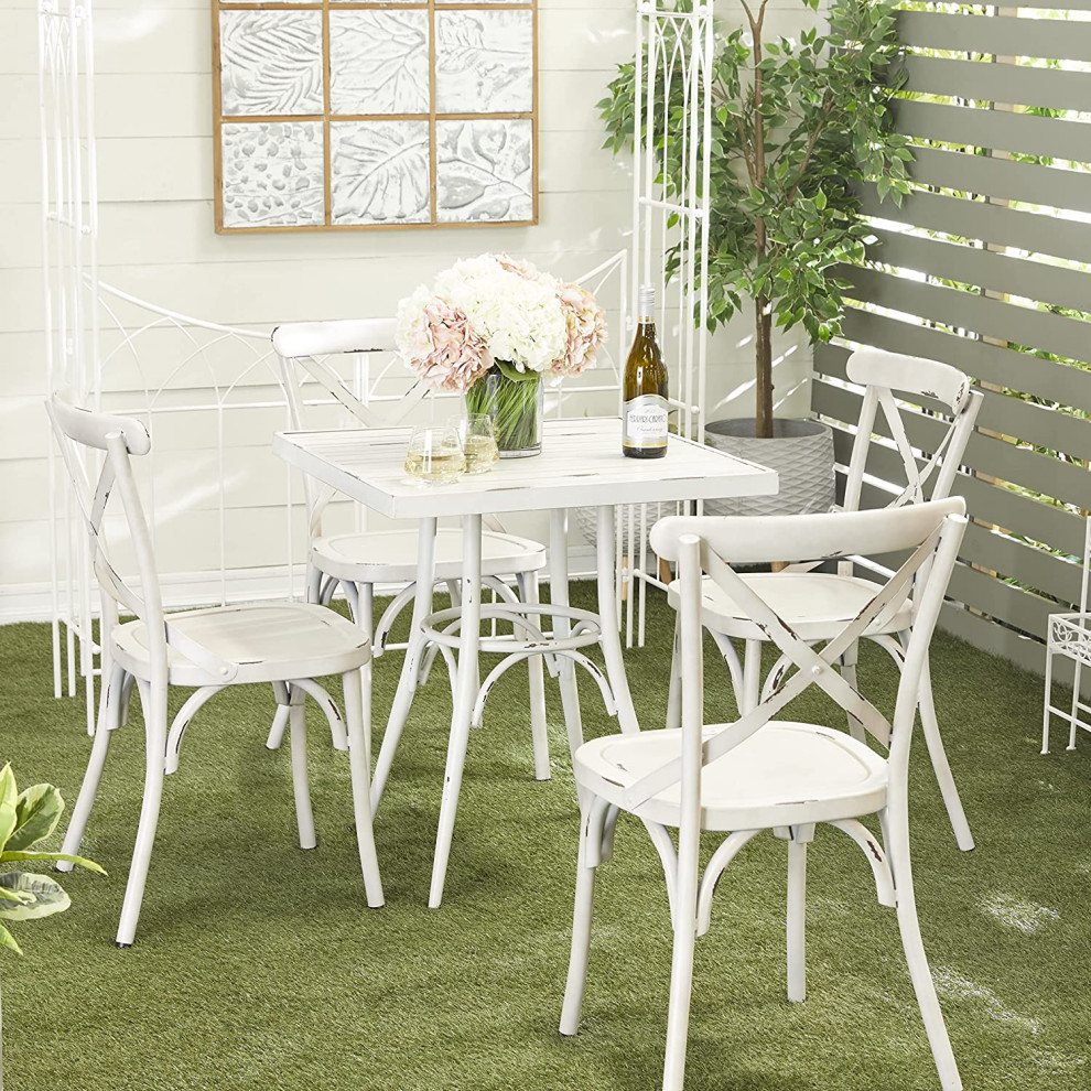 Farmhouse Patio Dining Table  Aluminum Frame With Square Top  Distressed White   Farmhouse   Outdoor Dining Tables   by Decor Love  Houzz