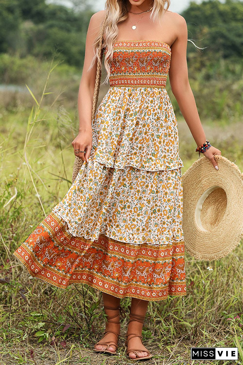 Orange Floral Smocked Bandeau Tiered Maxi Dress