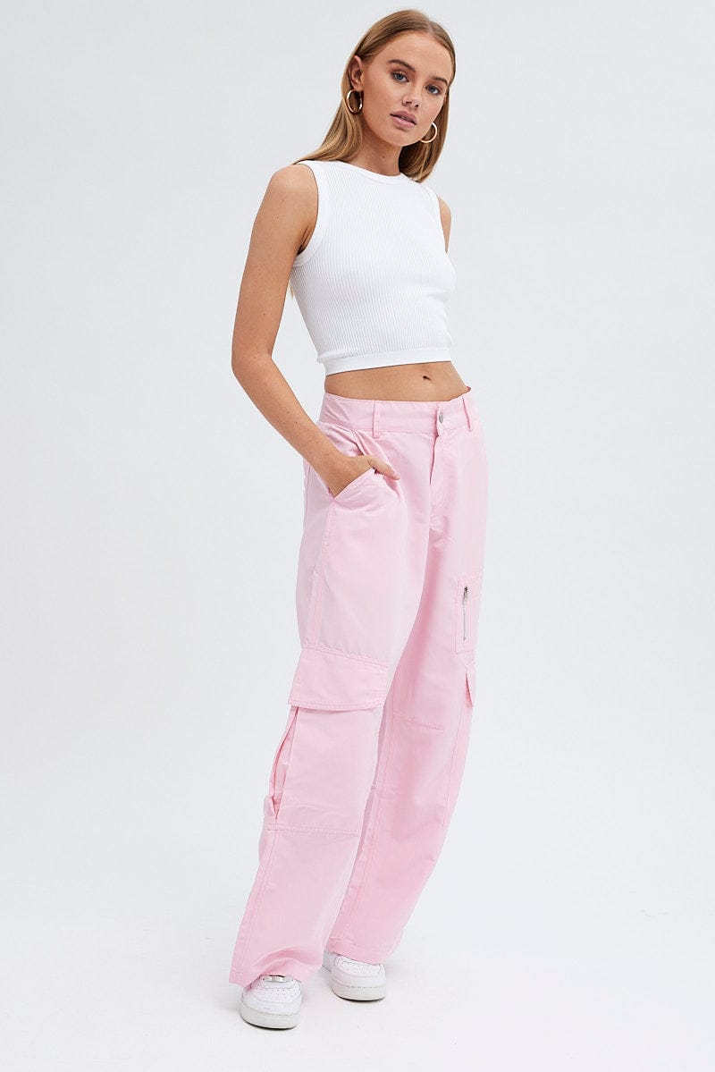 Pink Cargo Pants Mid-Rise Wide Leg Parachute
