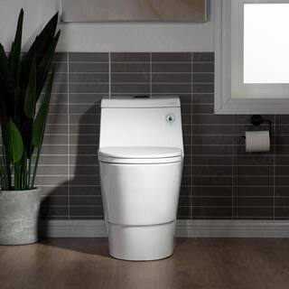 WOODBRIDGE Everette 1-piece 1.1 GPF  1.6 GPF Dual Flush Elongated Toilet in White with Seat Included and Oil Rubbed Bronze Button HB0940-ORB