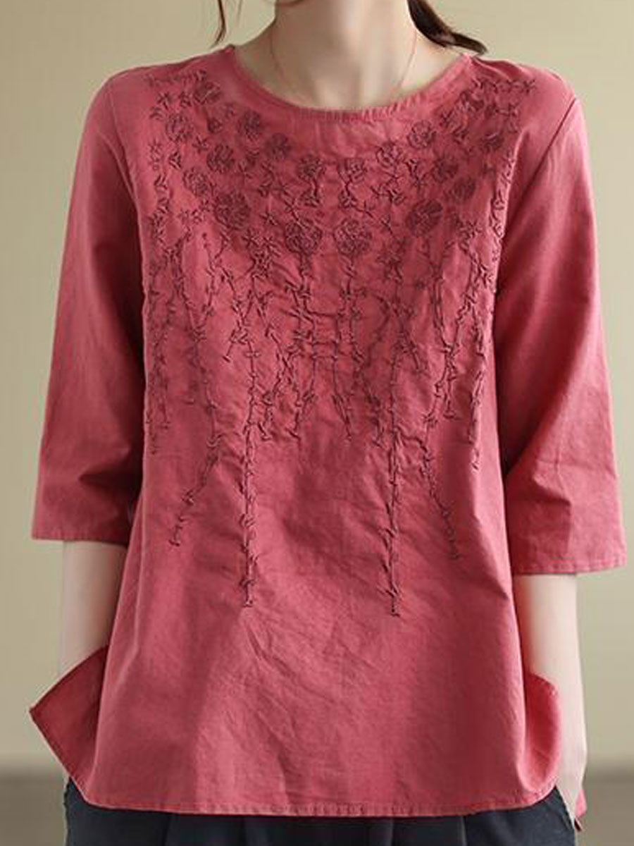 Round Neck Casual Loose Embroidered Short Sleeve Blouse