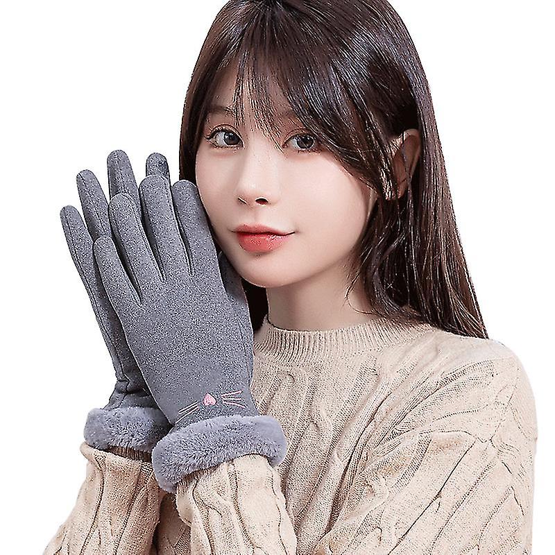 Women Winter Keep Warm Touch Screen Plus Velvet Inside Thicken Cartoon Cat Gloves Suede Villi Wrist Cute Lovely Style Soft2pcsgrey