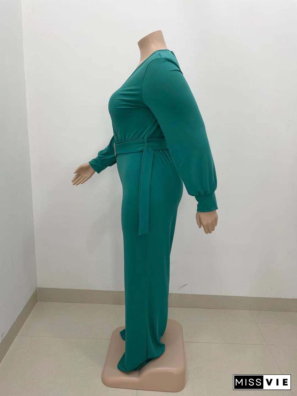 Long Sleeve V-neck Plus Size Wide Leg Jumpsuit