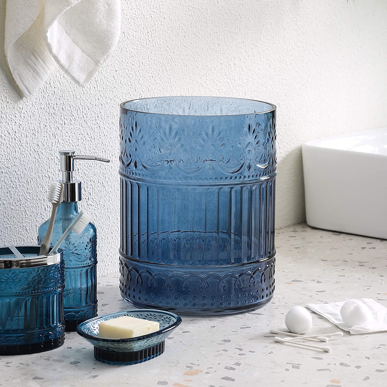 Whole Housewares Glass Bathroom Accessories Wastebasket - Decorative Trash Can