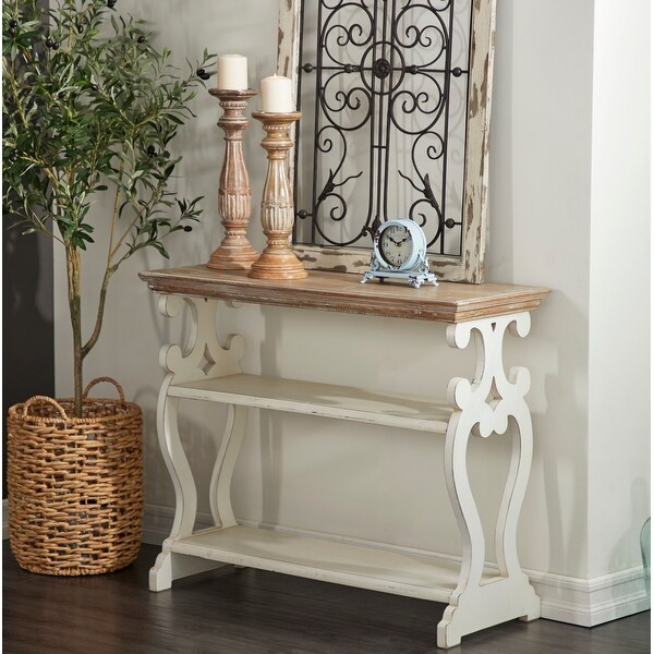 White or Black Wood Scroll Side Frames 2 Shelves Console Table with Brown Wood Top 38