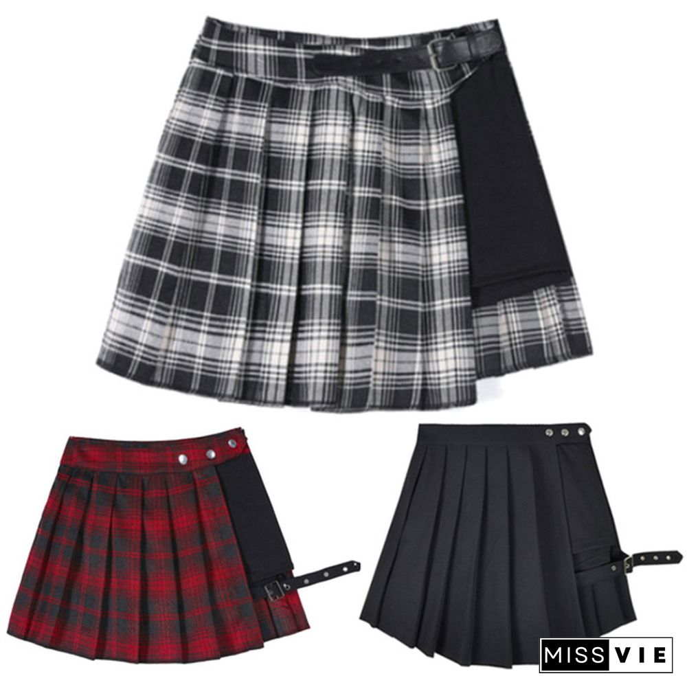 Women Summer Plaid Pleated Skirt Punk Gothic Style Cosplay Plaid Pantskirt Split Skirt #S-Xl