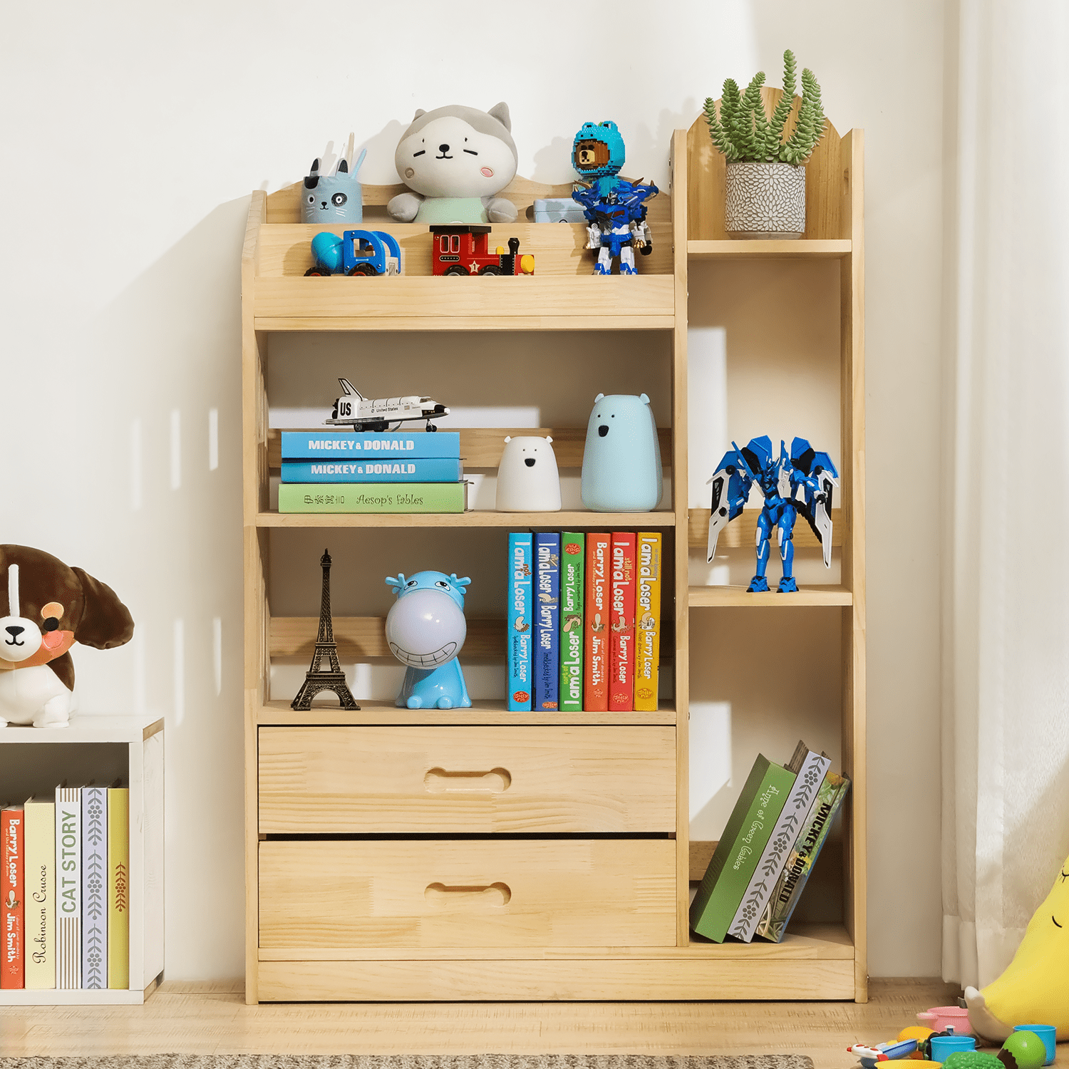 MoNiBloom Wood 4 Tiers 2 Drawers Bookshelf, Toys Books Display Storage Bookcase, Natural, for Home