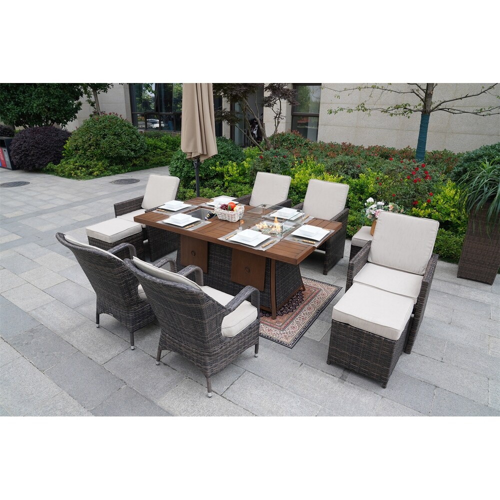 Brown Garden Patio Rectangular Dining Set With Gas Firepit And Ice Bucket and Ottomans