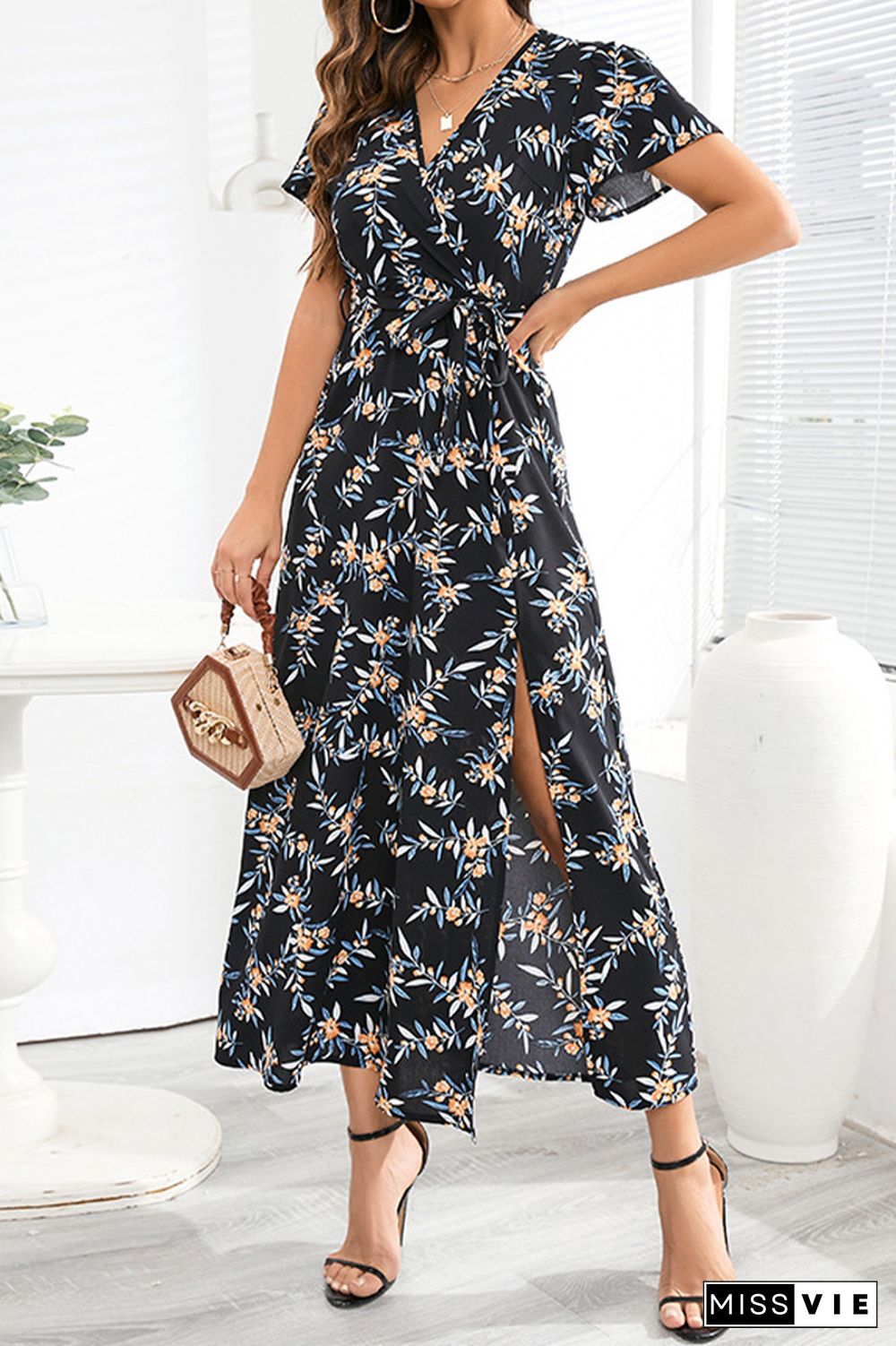 Flower Print Waist Tie Surplice Split Dress