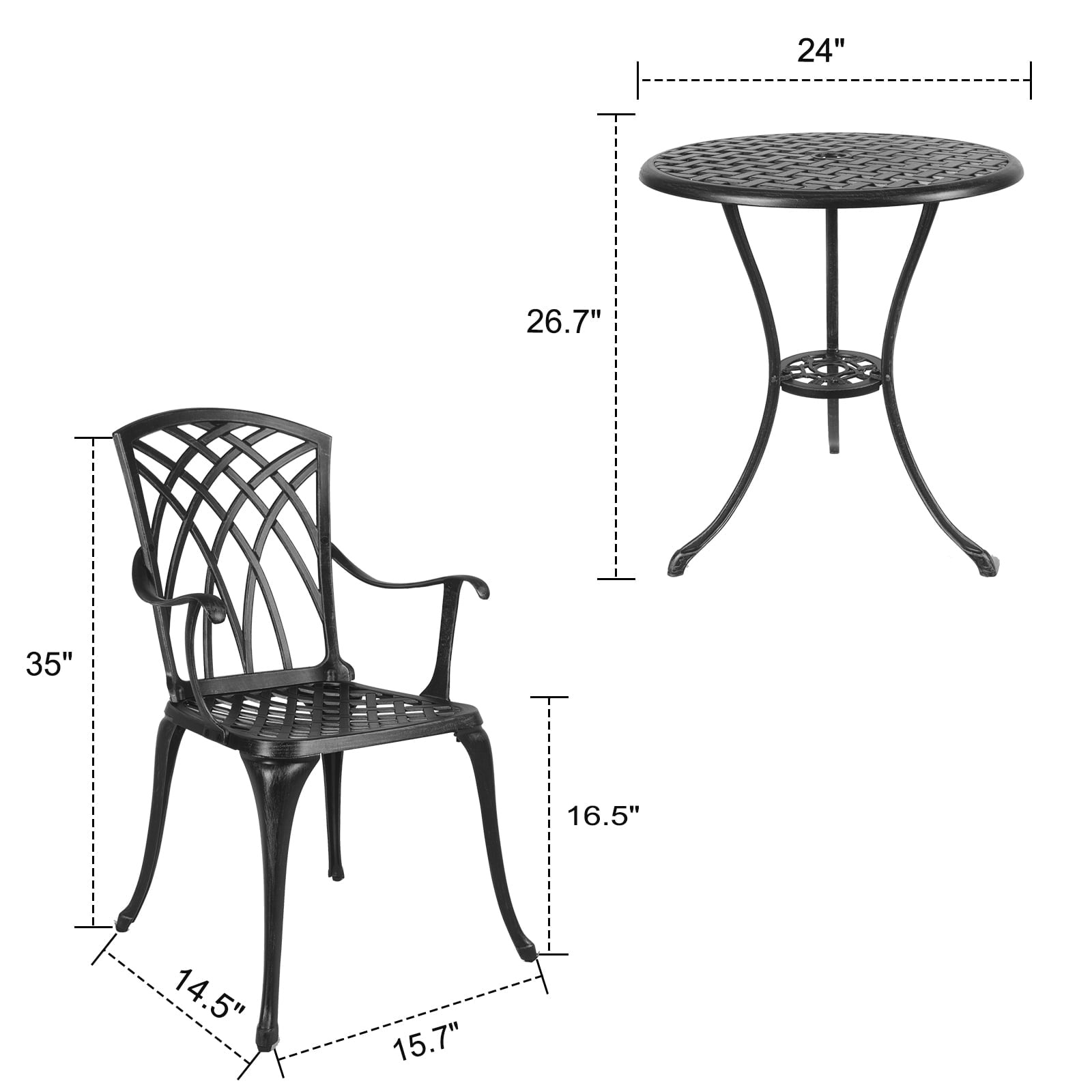 Polar Aurora 3 Piece Cast Aluminum Patio Bistro Set Table Outdoor Round Dining Armchair with Umbrella Hole for Porch， Lawn， Garden， Backyard， Pool， Black