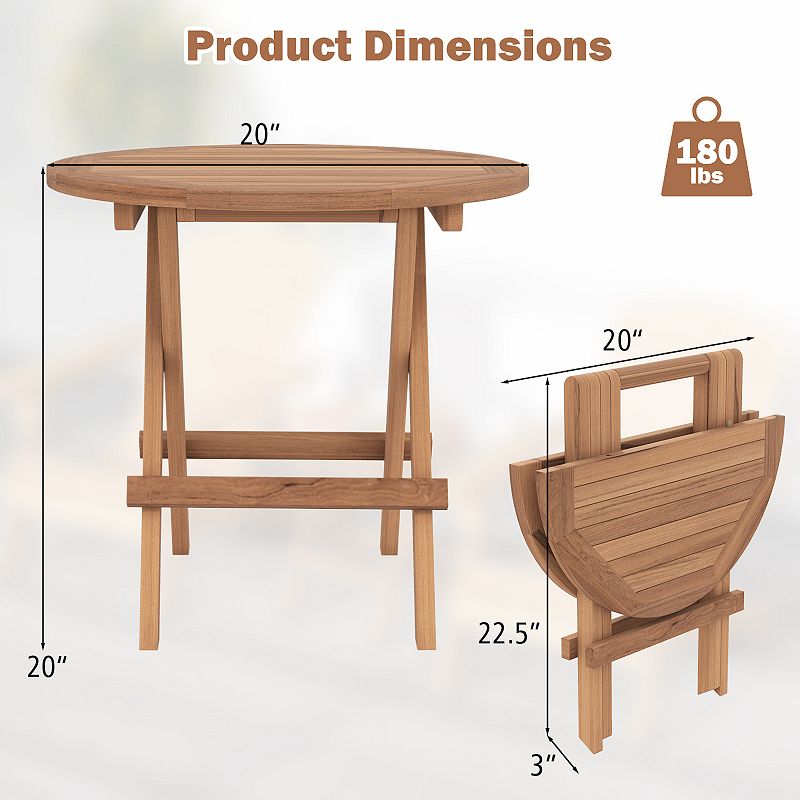 Round Patio Folding Coffee Table Teak Wood With Slatted Tabletop