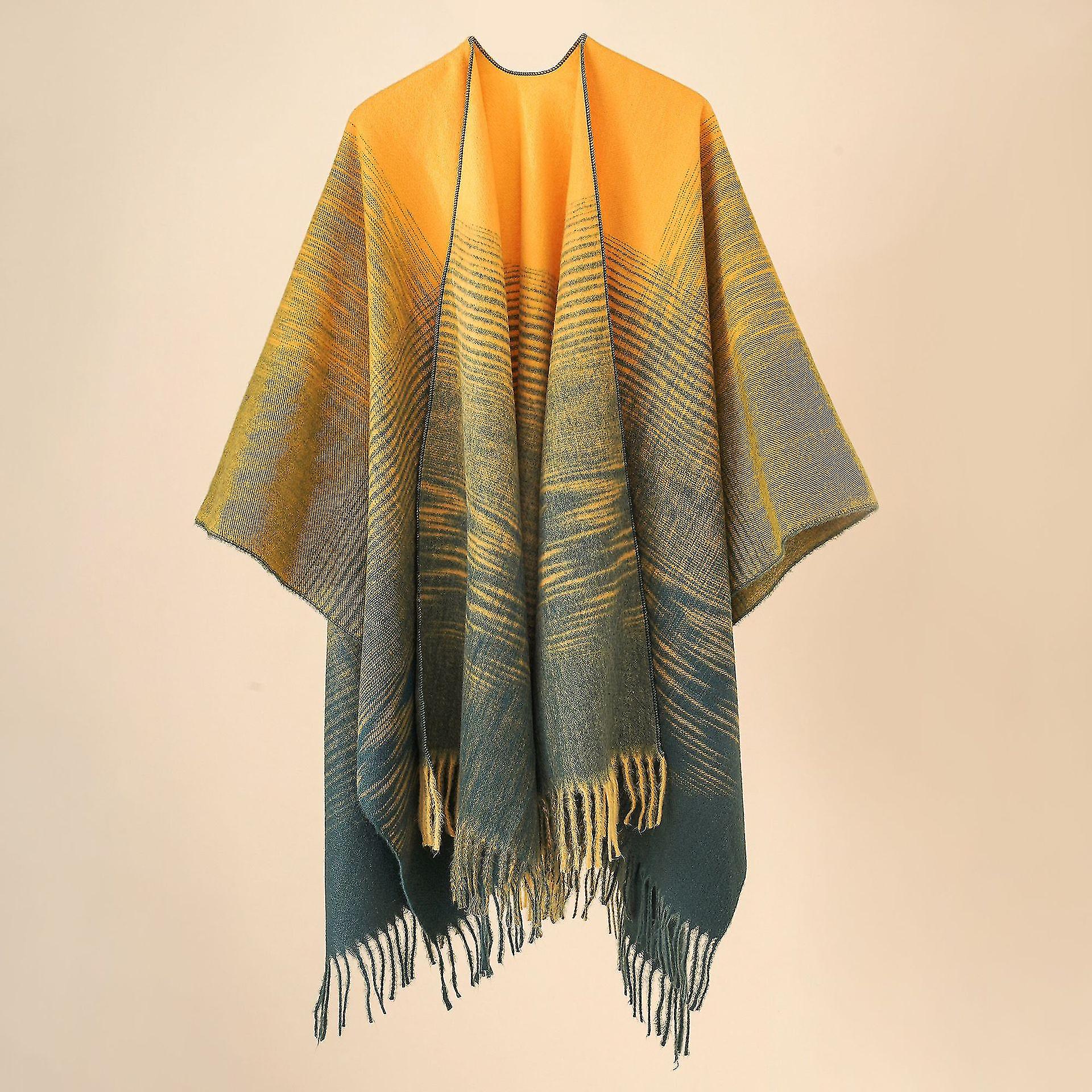 Women Yellow Gradient Colour Faux Cashmere Pashmina Shawl Wrap For Blanket Open Front Poncho Cape