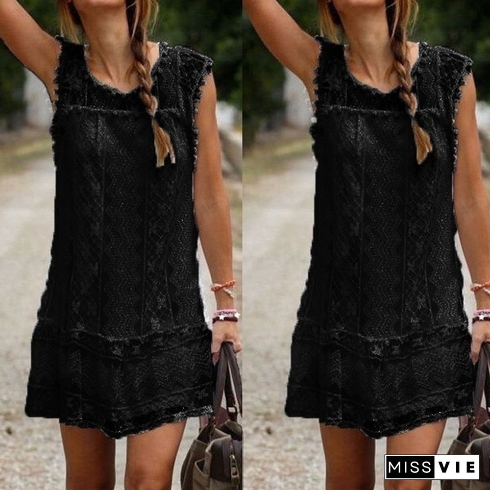 Fashion Summer Dress Sexy Women Casual Sleeveless Beach Short Dress Tassel Solid White Mini Lace Dress Plus Size