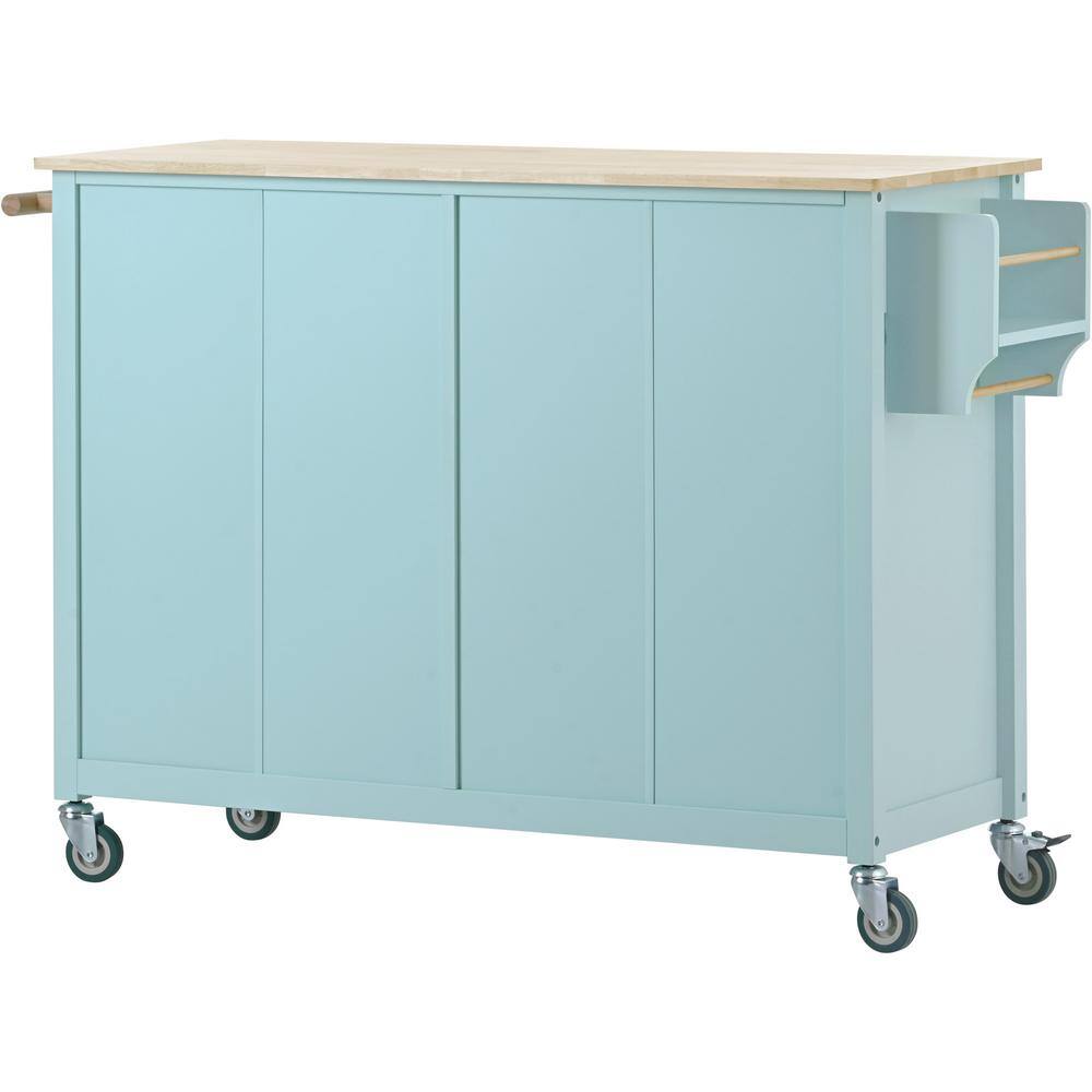 Mint Green Rubberwood Top 54.3 in. Kitchen Island Cart Locking Wheels Spice Towel Rack with 4-Door Cabinet and 2-Drawer EC-KIW-5202