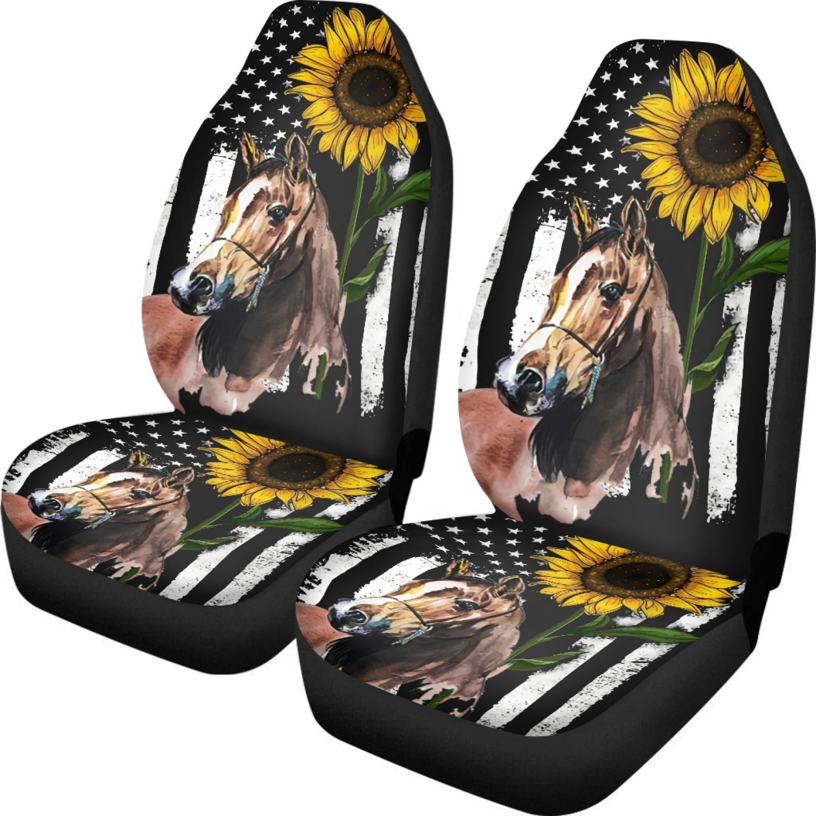 Xoenoiee Car Seat Covers Front Seat Only， Horse Sunflower American Flag Print Auto Bucket Seat Protectors Universal Fit Cover for Most Vehicle， Sedan， Pickup Truck， Van