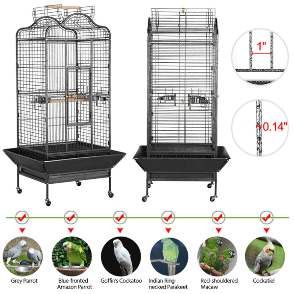 SMILE MART Rolling Metal Large Bird Cage Parrot Cage with Stand Open Playtop