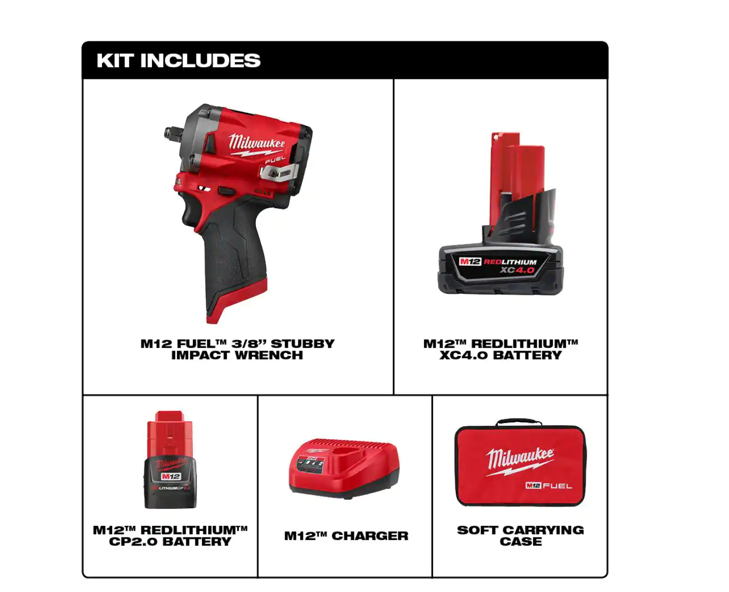 Milwaukee 2554-22-49-66-7009 M12 FUEL 12V Brushless Cordless Stubby 3/8 in. Impact Wrench Kit with 3/8 in. Drive SAE/Metric Socket Set (43-Piece)