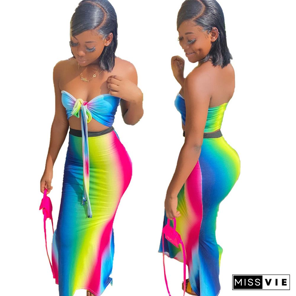 Rainbow Gradient Off Shoulder Bow Tie Crop Top Long Skirt 2 Piece Set