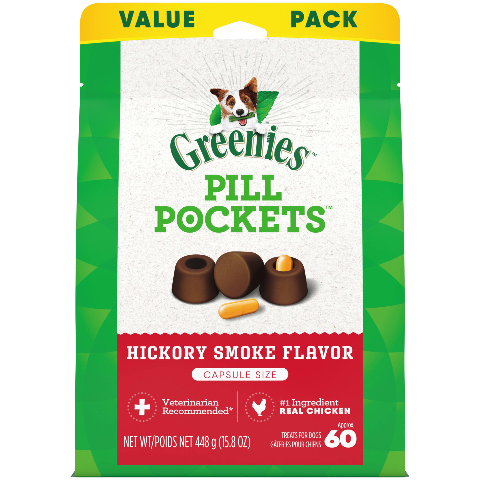 Greenies Pill Pockets Hickory Smoke Flavor Capsule Size Natural Soft Dog Treats， 15.8 oz.， Count of 60