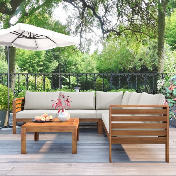 Acacia Wooden Outdoor Sectional Sofa Set，WaterResistant and Uv Protected Texture Sofa with Cushions and Table