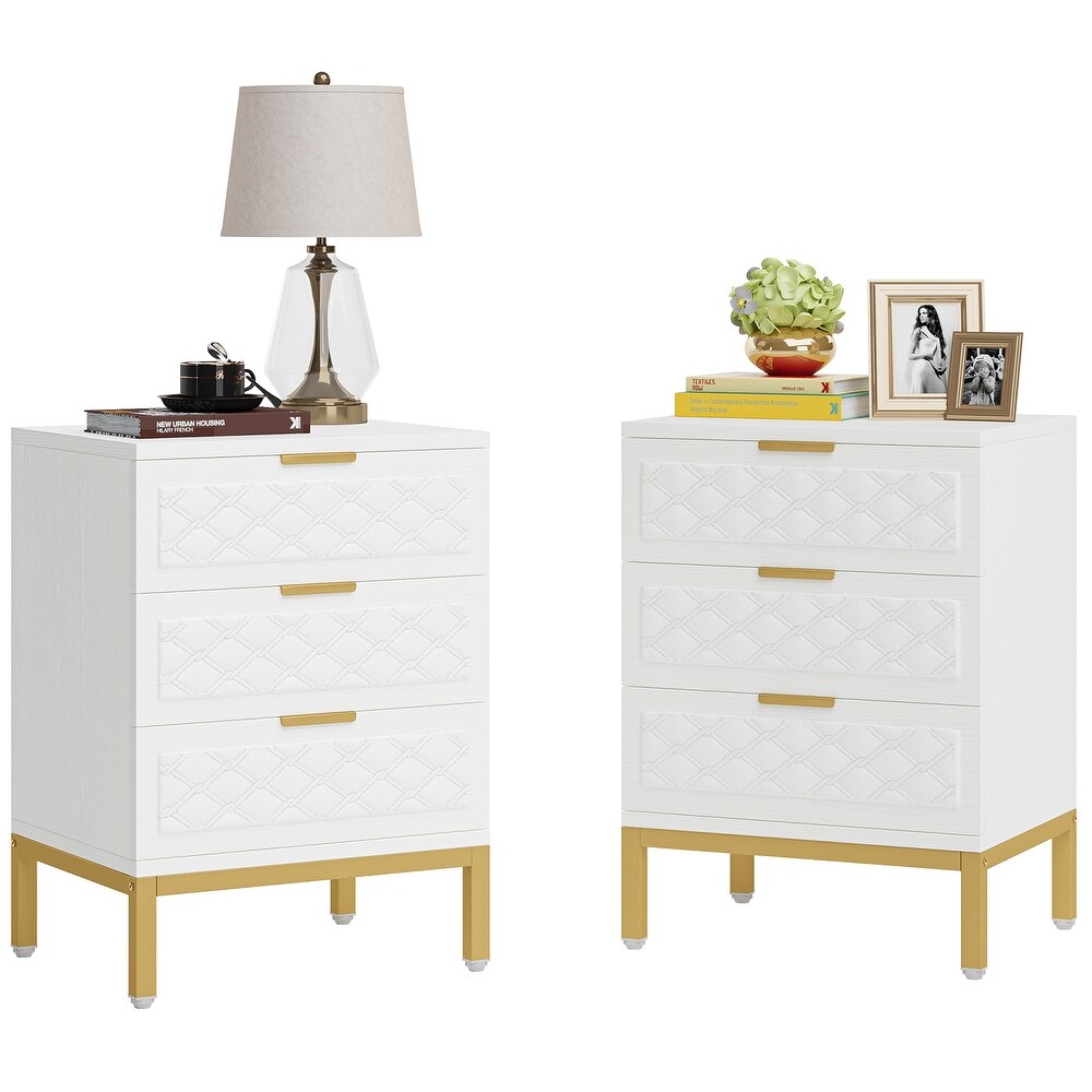 3 Drawer Nightstand  Modern Beside Table End Table with Storage Drawers and Gold Legs