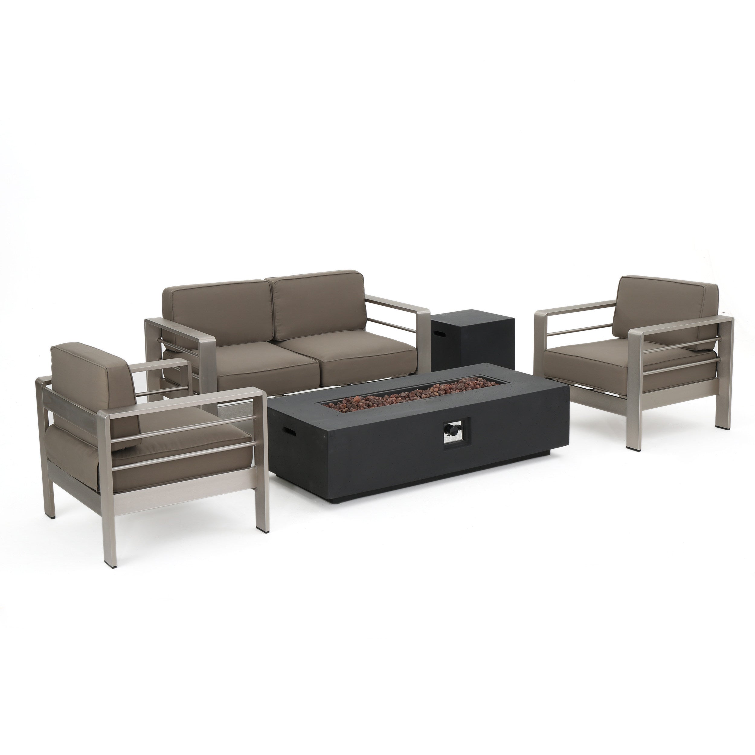 Crested Bay 5pc Modern Outdoor Aluminum Sofa & Chairs Set With Fire Pit