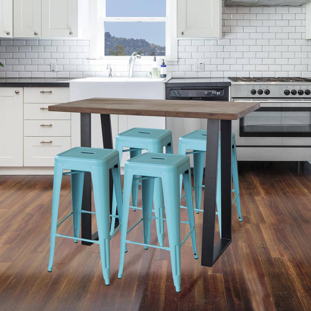 AmeriHome Teal Acacia Wood Top Bar Height Pub Set with Teal Bar Stools (Set of 5) AWBTTL4