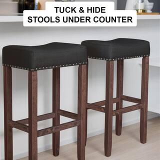 Nathan James Hylie 29 in. Dark Brown Nailhead Wood Pub Counter Bar Height Stool Black Fabric Cushion Set of 4 21405-4