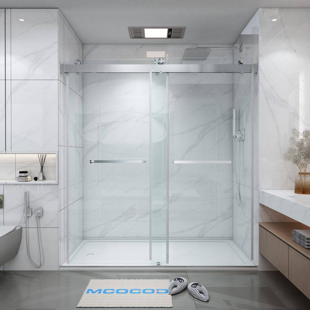 MCOCOD 60 in. W x 76 in. H Double Sliding Frameless Shower Door in Brushed Nickel with Soft-closing and 38 in. (10 mm) Glass DS13-60x76-BR