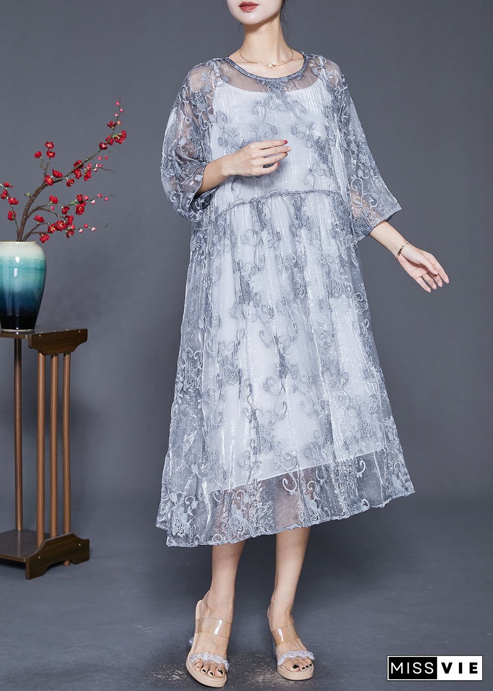 Elegant Grey Embroideried Tulle Robe Dresses Two Piece Set Summer