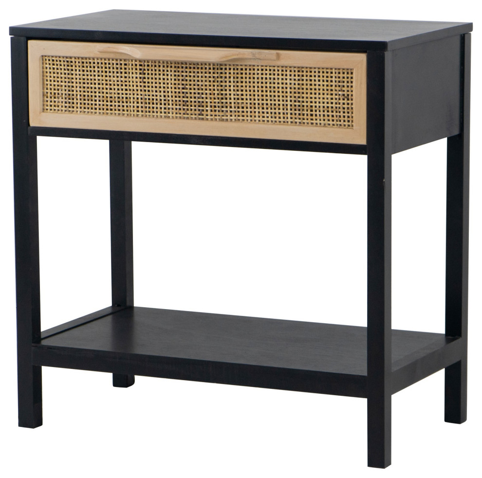 Benzara BM285122 Accent Side Table  Pine Wood  Woven Rattan  1 Drawer  Black   Tropical   Side Tables And End Tables   by Uber Bazaar  Houzz