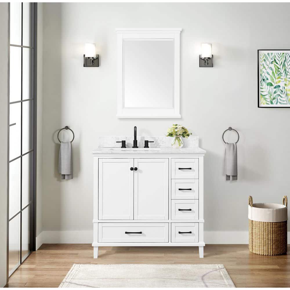 Home Decorators Collection Merryfield 37 in W x 22 in D x 35 in H Bathroom Vanity in White with Carrara White Marble Top