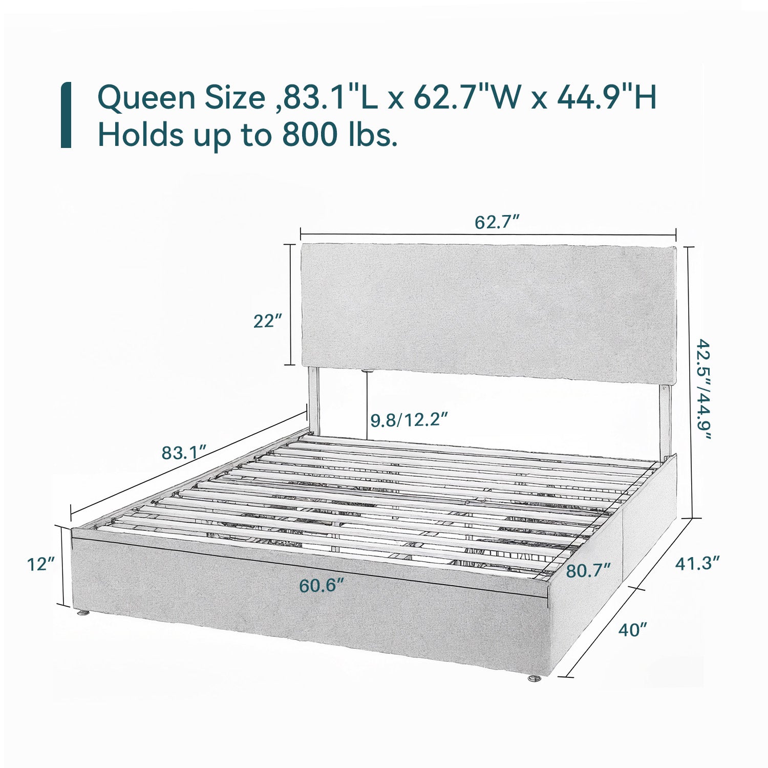 Upholstered Bed Frame with 4 Drawers Storage and Headboard with Wood Slat Support, No Box Spring Needed