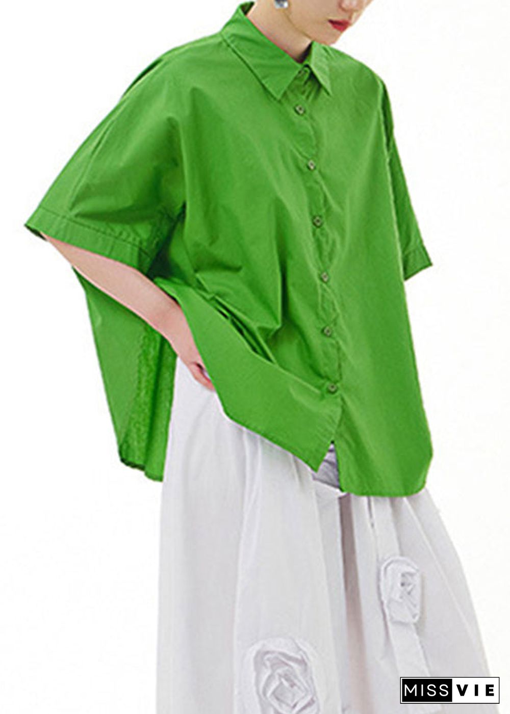 Green Side Open Cotton Shirt Short Sleeve