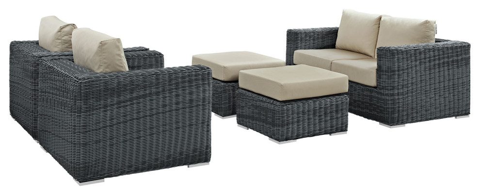 Summon 5 Piece Outdoor Wicker Rattan Sunbrella Sectional Set   Tropical   Outdoor Dining Sets   by Kolibri Decor  Houzz