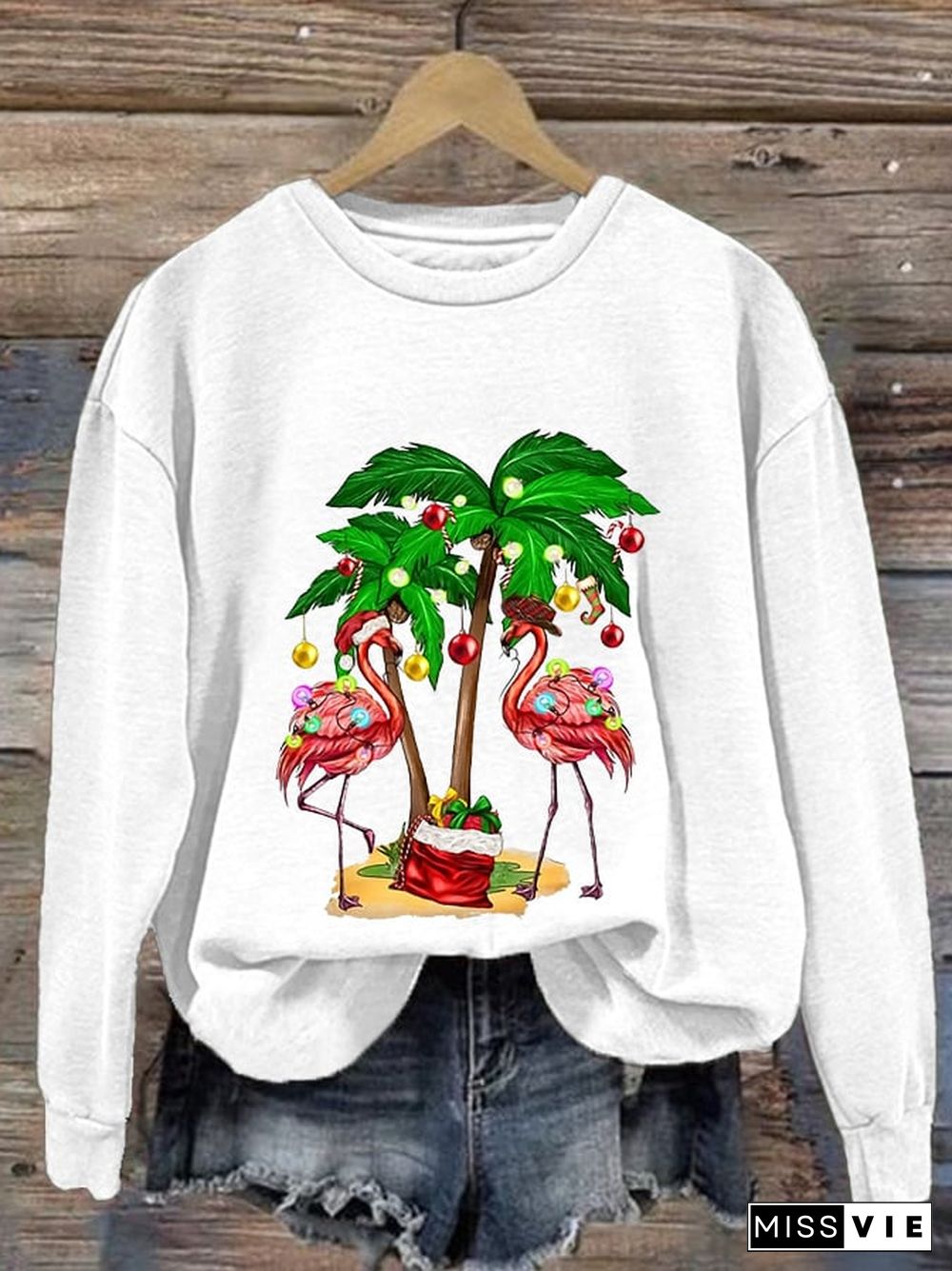 Women's Christmas Flamingo Print Casual Sweatshirt