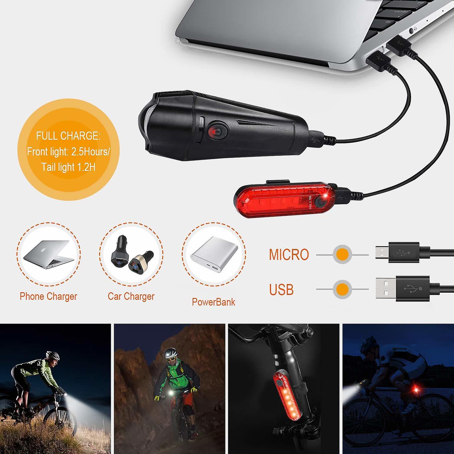 Bike Light Set，USB Rechargeable Light with 400LM Front/50LM Rear light， Non-slip Mounts Bicycle Light（black）