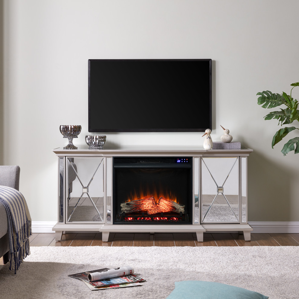 Edensor Mirrored Electric Fireplace Media Console   Transitional   Entertainment Centers And Tv Stands   by SEI  Houzz