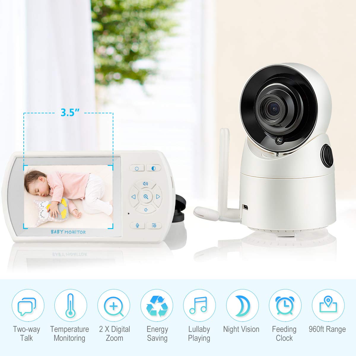 Video Baby Monitor, 3.5'' LCD Display, 2-Way Audio, Support 4 Cams, 1000ft Transmission Range