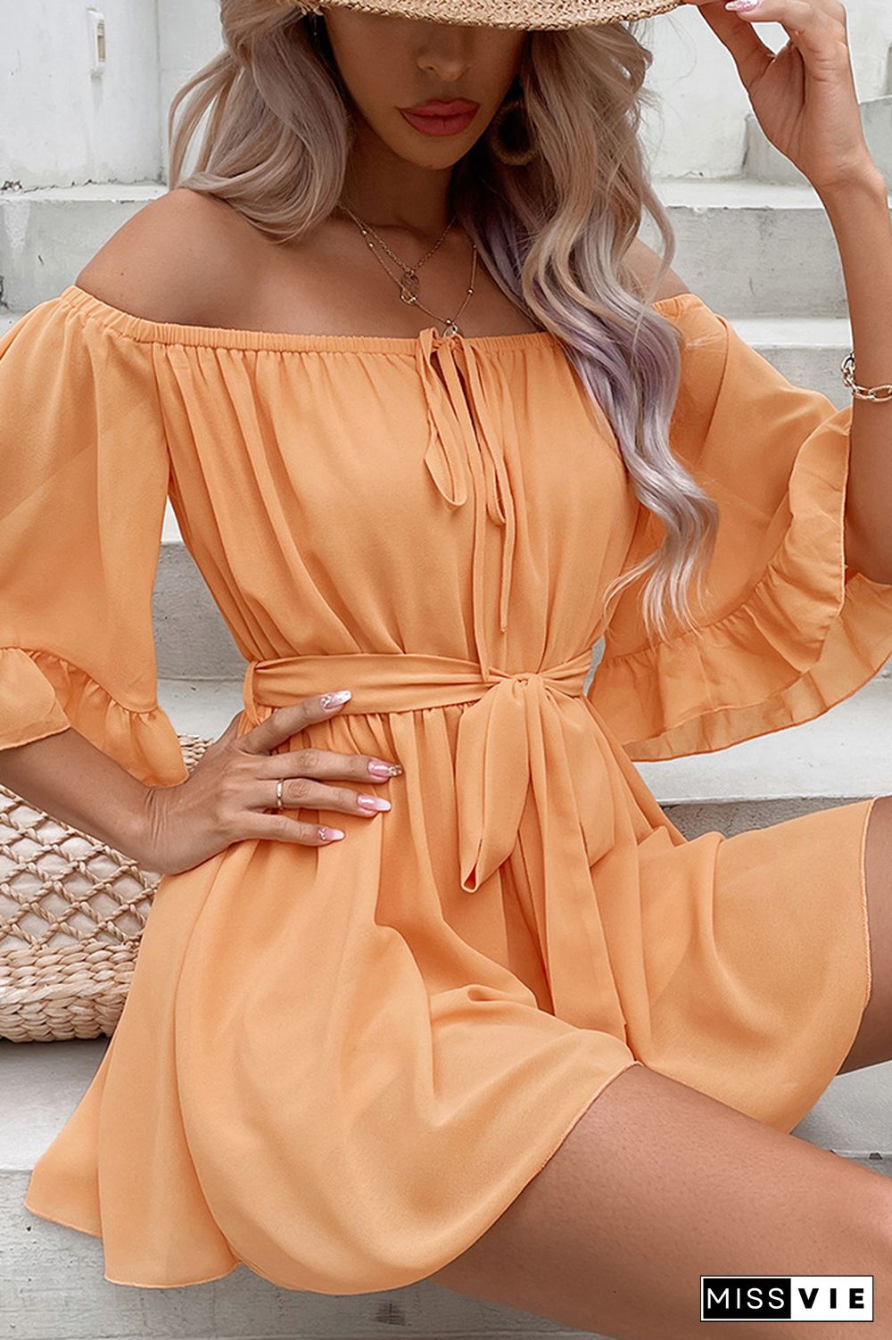 Orange CHiffon Off Shoulder Ruffle Romper