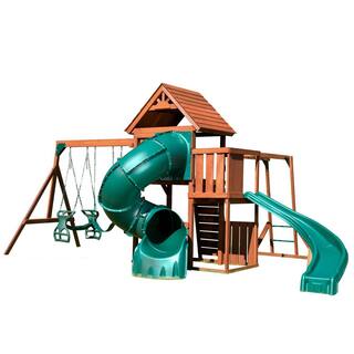 Swing-N-Slide Playsets Grandview Twist Deluxe Complete Wooden Outdoor Playset with Slide Dual Rider and Backyard Swing Set Accessories PB 8020