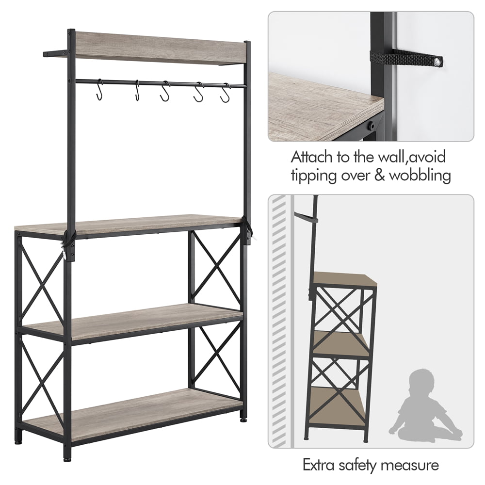 SmileMart 4-Tier Bakers Rack Kitchen Storage Shelf with S-Hooks， Gray